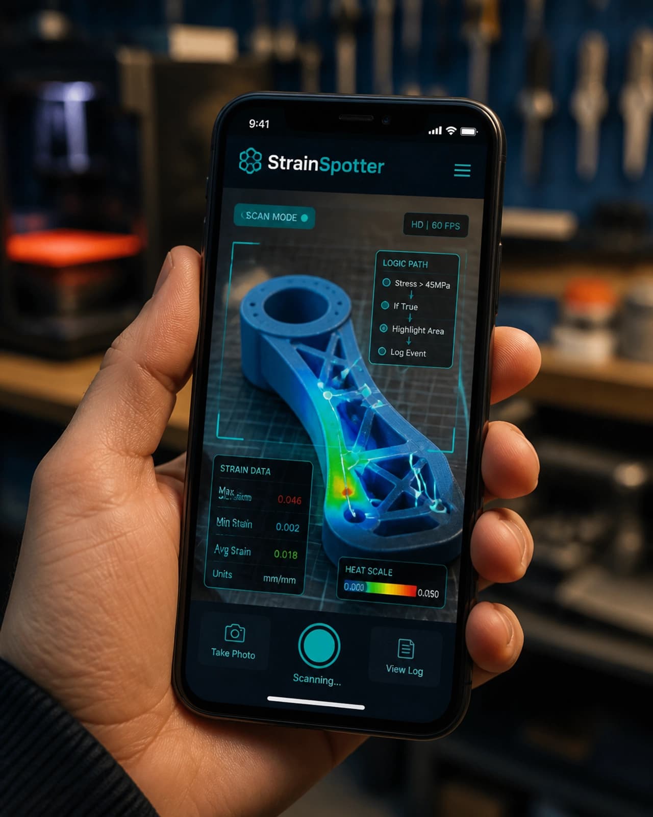 A smartphone displaying the StrainSpotter interface scanning a physical object in a workshop setting