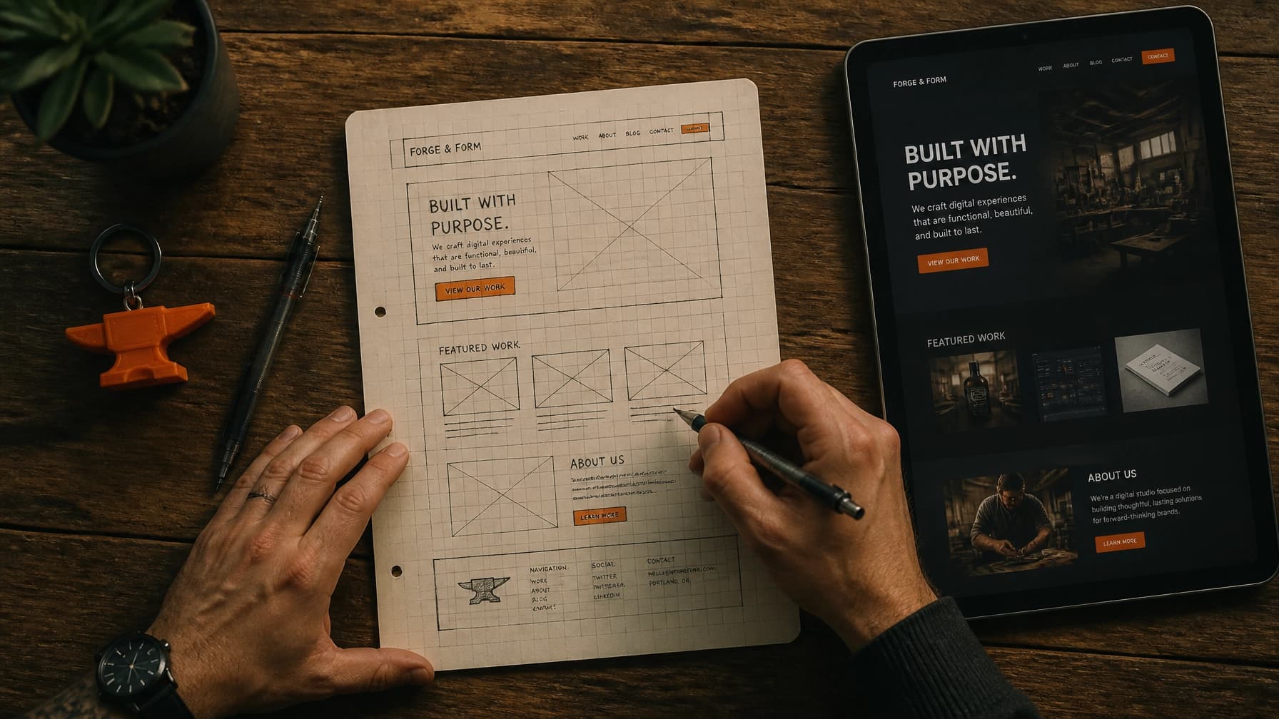 A craftsman's hands sketching a website layout on a wooden workshop table