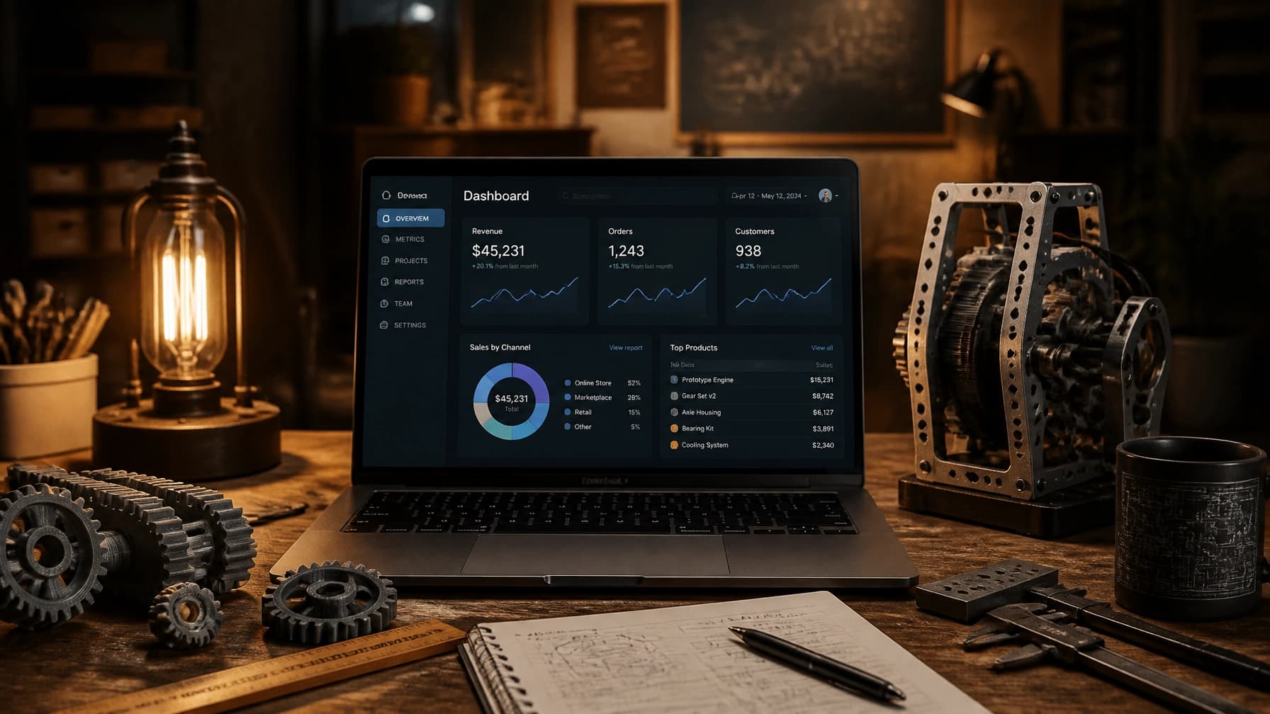 A modern workshop desk with a laptop showing a clean business dashboard, surrounded by 3D printed gears and maker tools