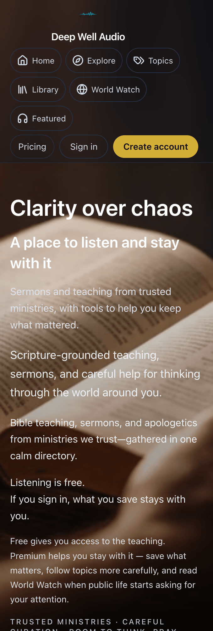 Homepage preview of Deep Well Audio — typography and hero art from the live music site