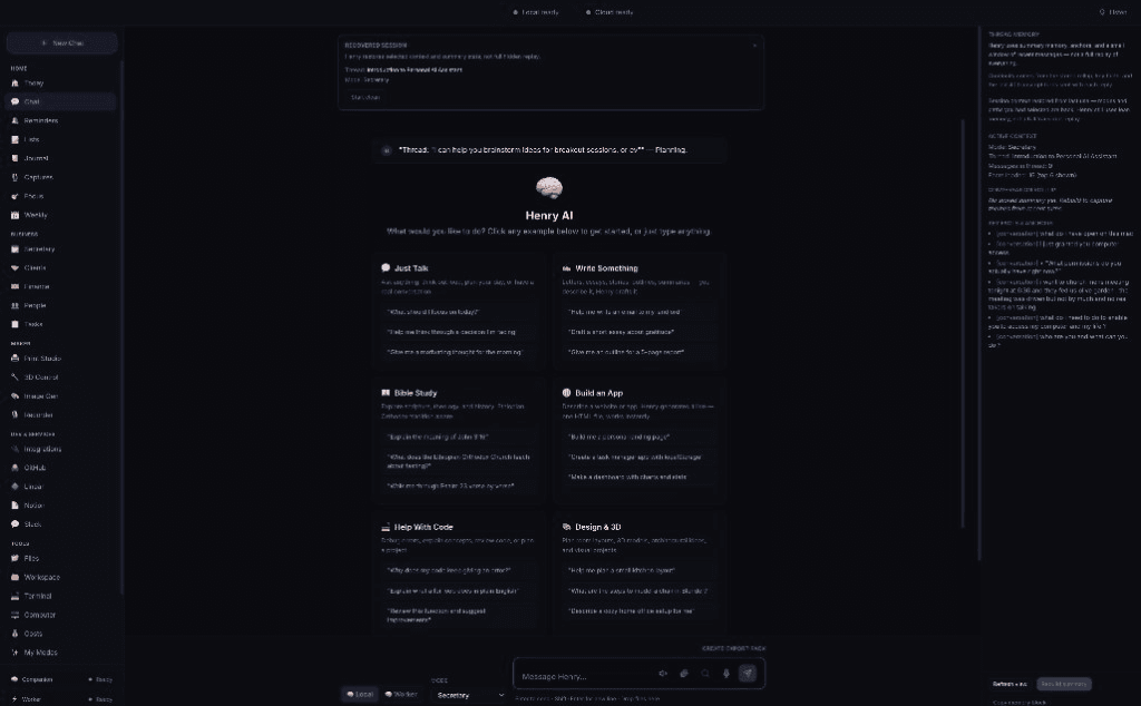 Henry AI — home screen with starter actions and chat entry