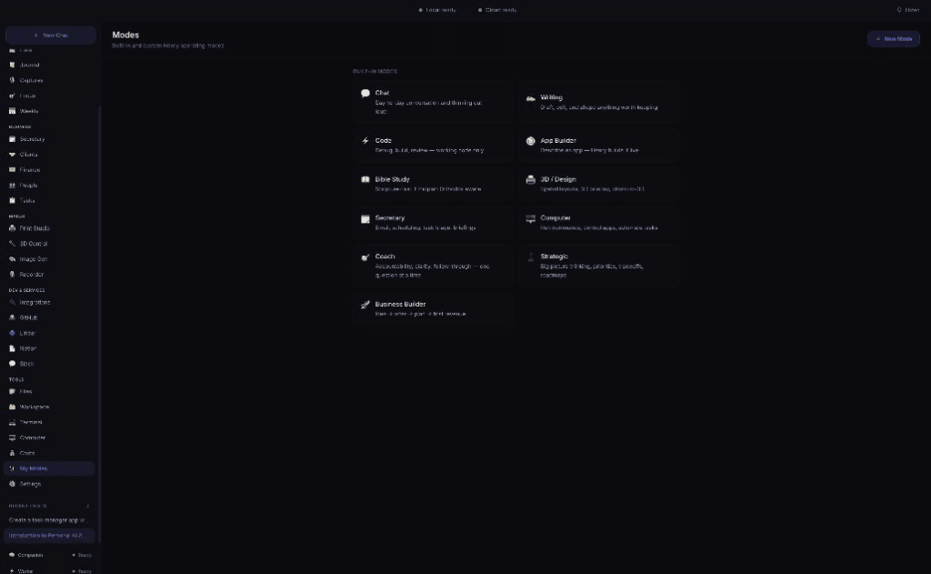 Henry AI — Modes screen with built-in operating modes