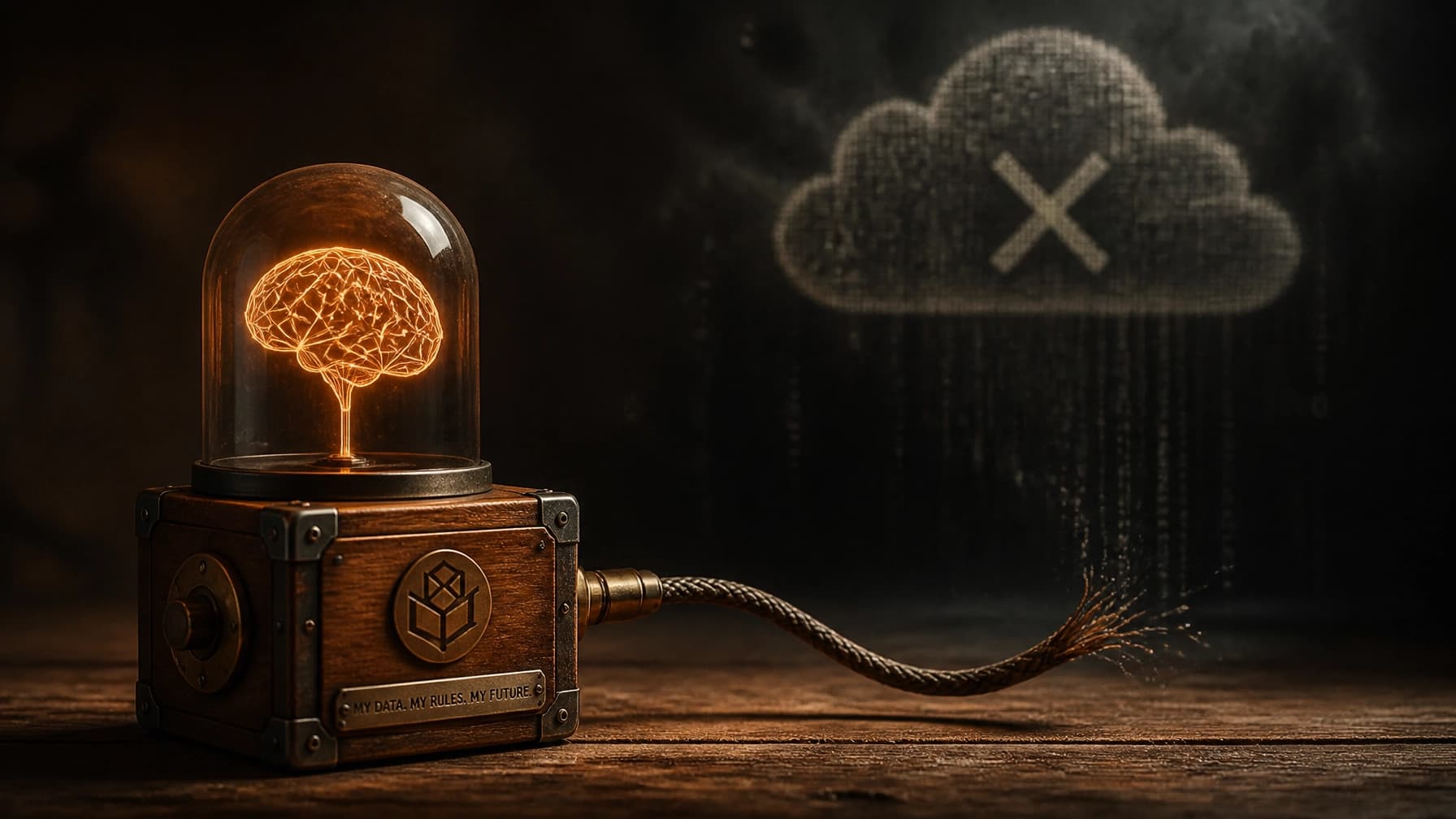 Conceptual image of radical data ownership showing a local brain disconnected from a cloud