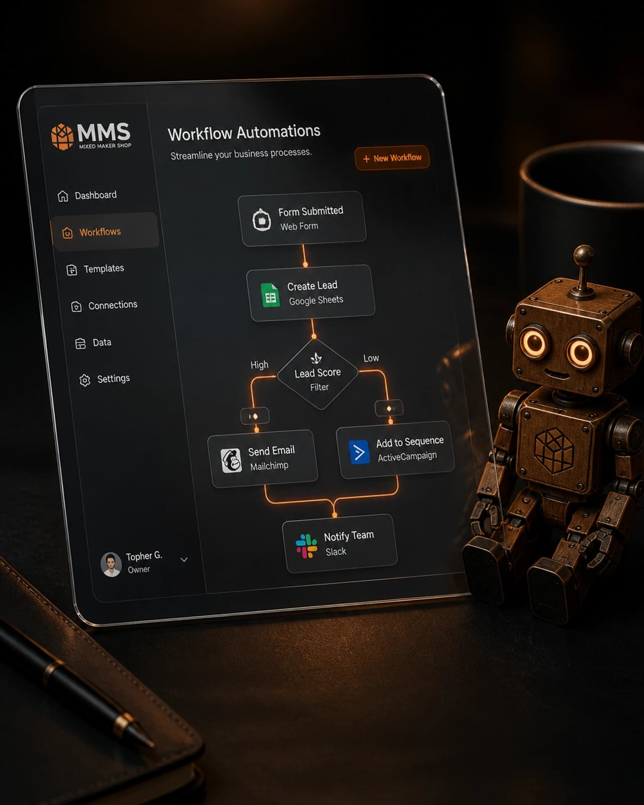 A sleek digital interface on a glass tablet showing a workflow automation diagram in a modern studio