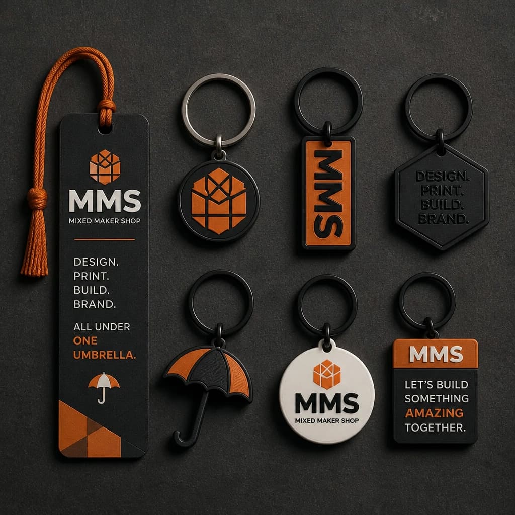 A collection of custom 3D-printed promotional items including branded keychains
