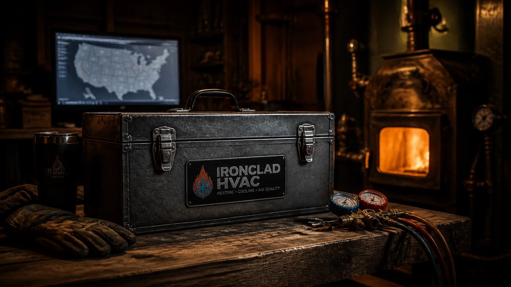 A cinematic shot of a professional HVAC toolbox in a warm, moody workshop environment