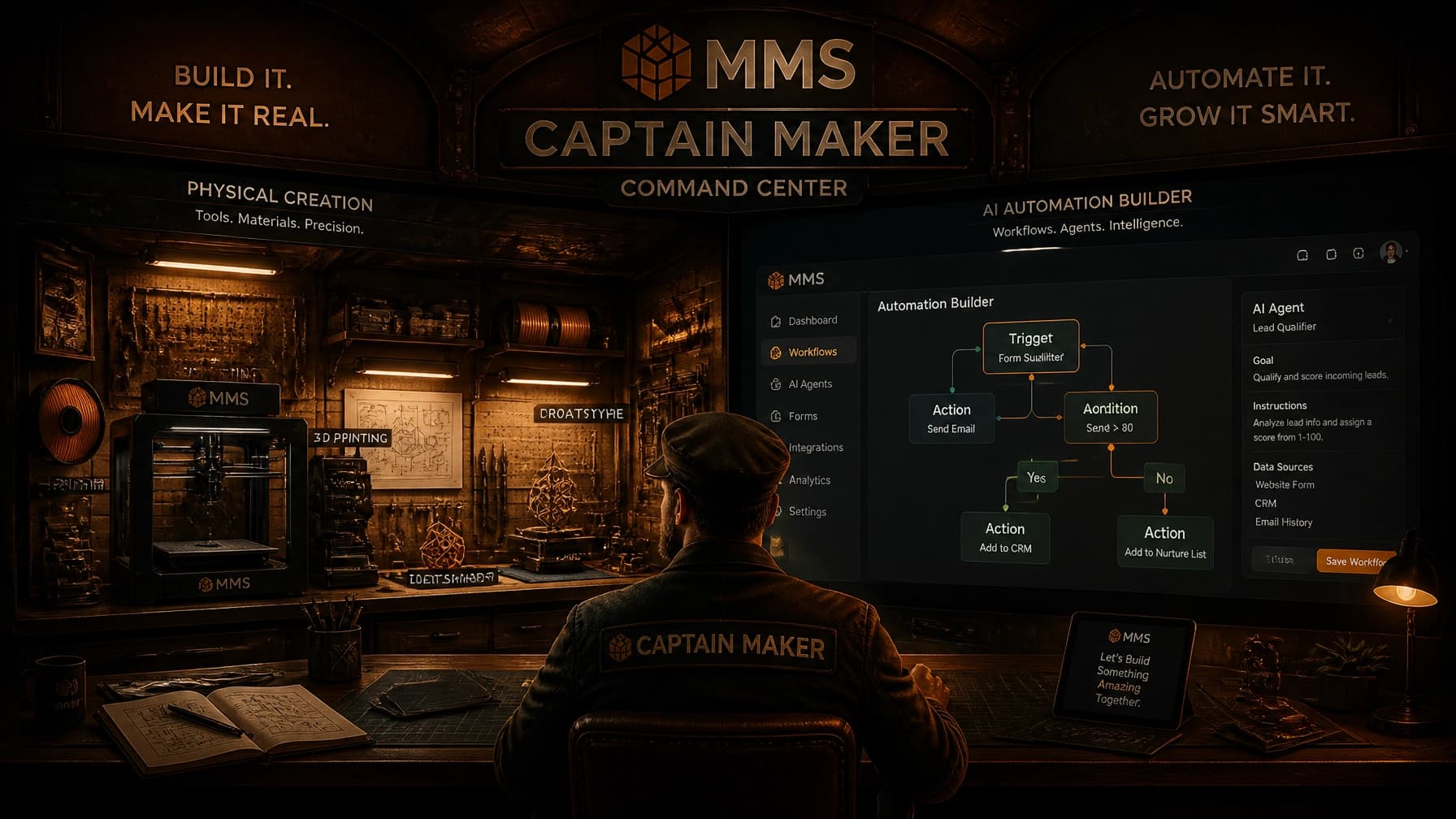 A cinematic shot of a command center, blending physical workshop tools with a digital automation builder