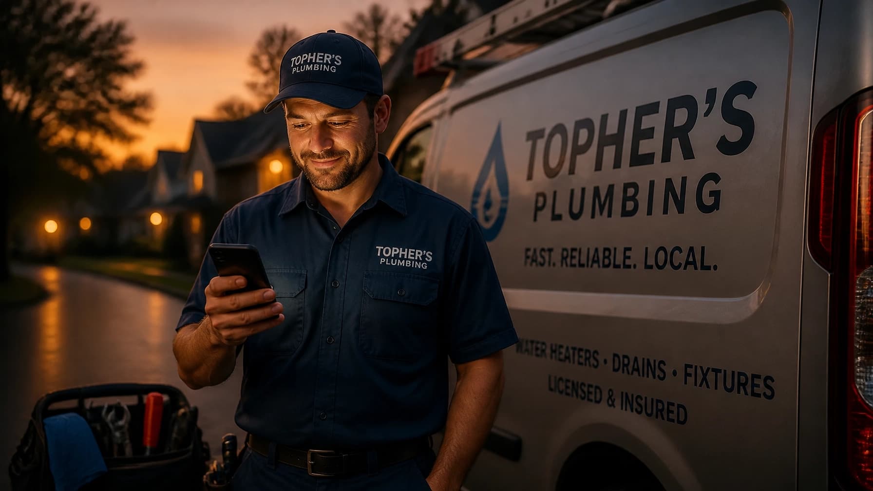 A local service professional checking a job lead on his phone next to his service van at dusk