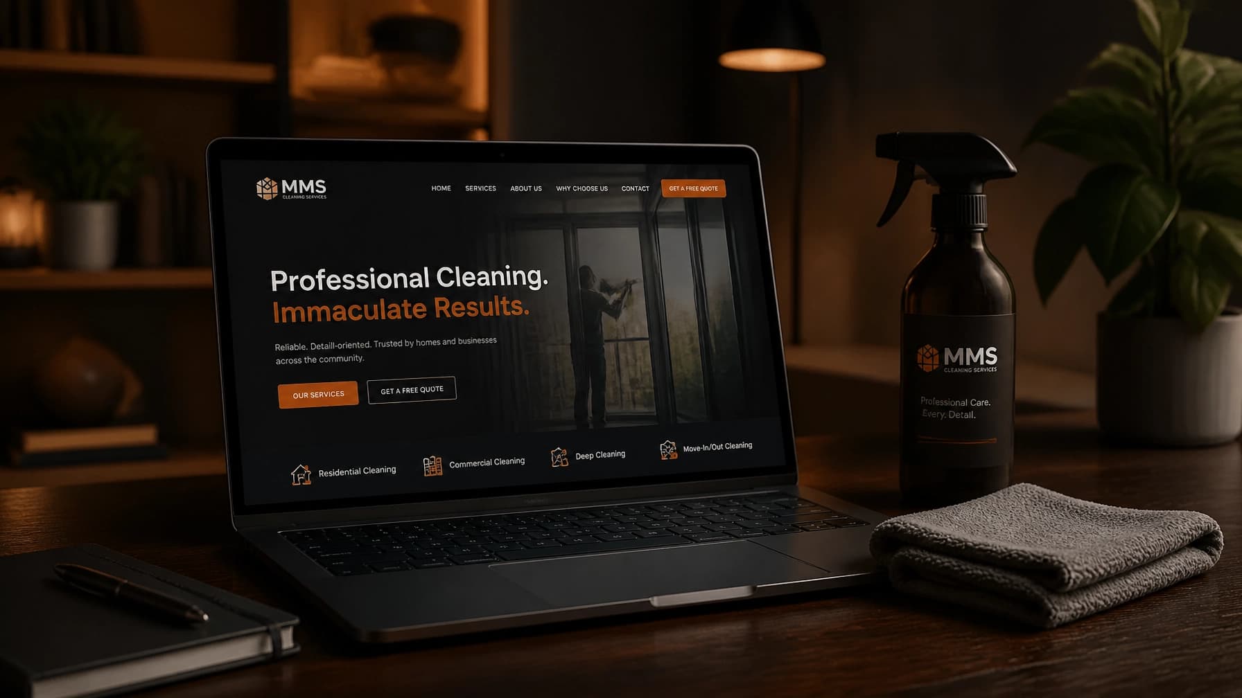 A workspace with a laptop showing a cleaning service website next to cleaning supplies