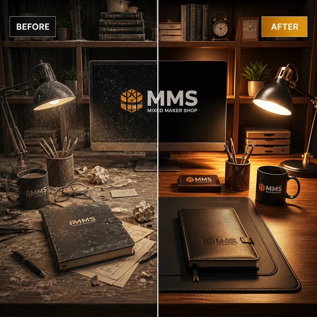 A split-screen visual showing a cluttered office vs. a sparkling clean office
