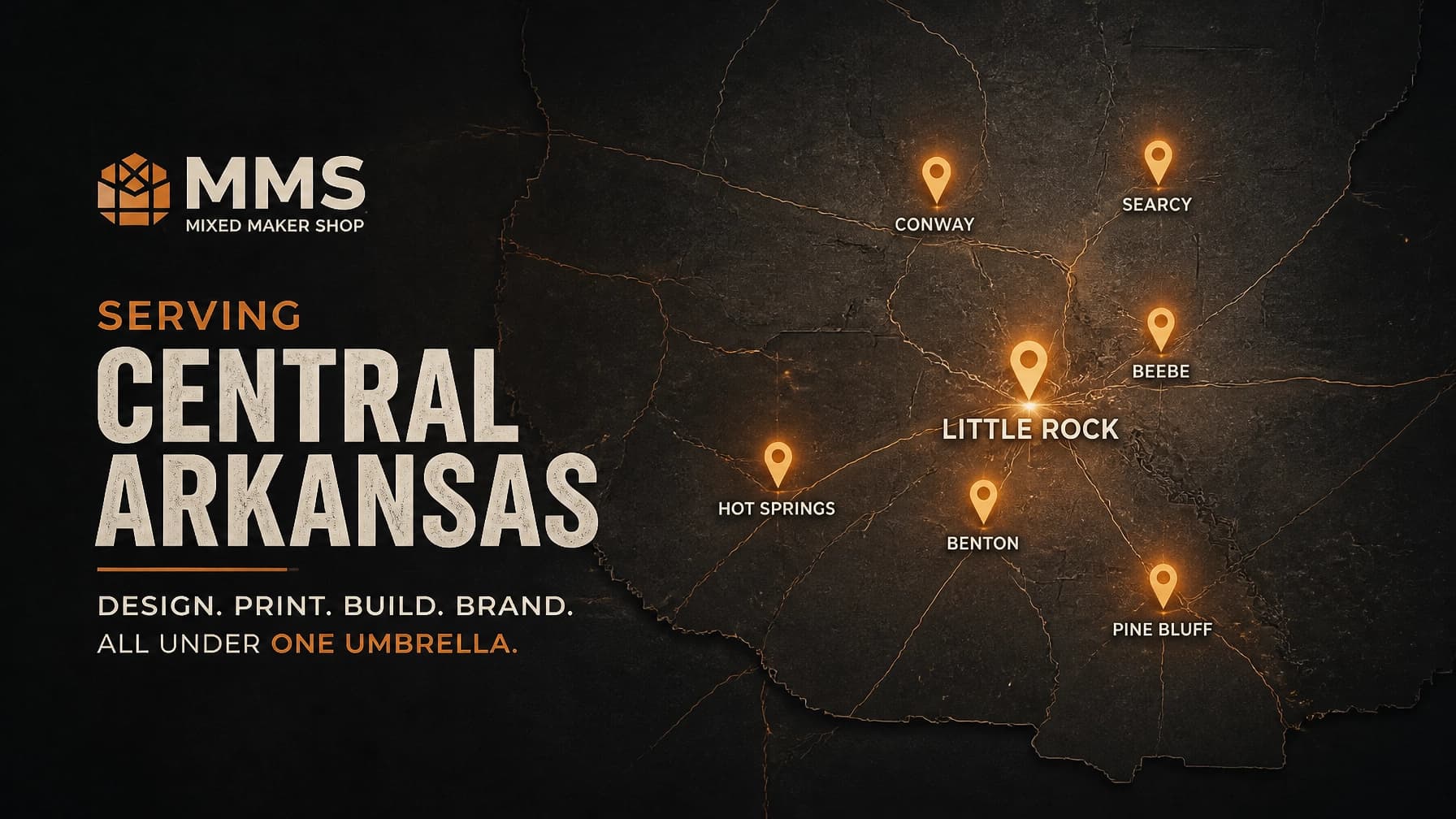A minimalist map of Arkansas highlighting service areas with warm pins