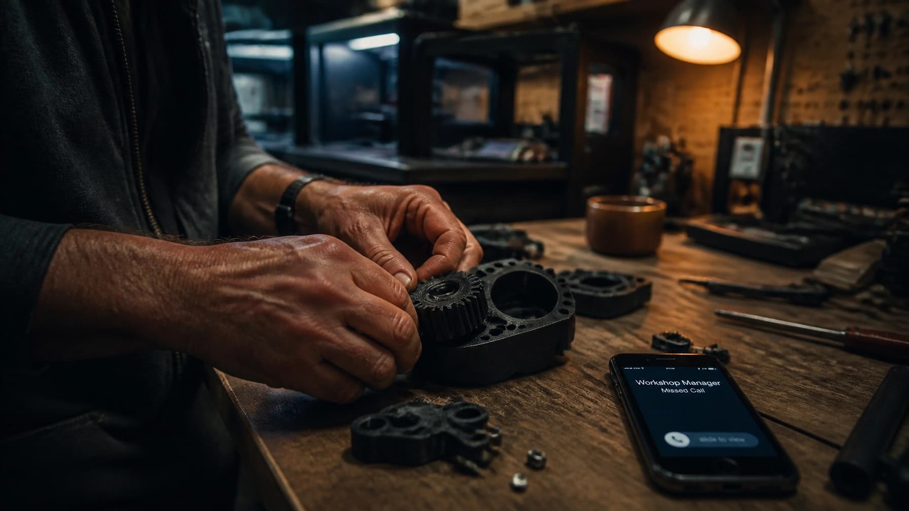 A professional craftsman's workshop with a smartphone showing a missed call next to a 3D printed part