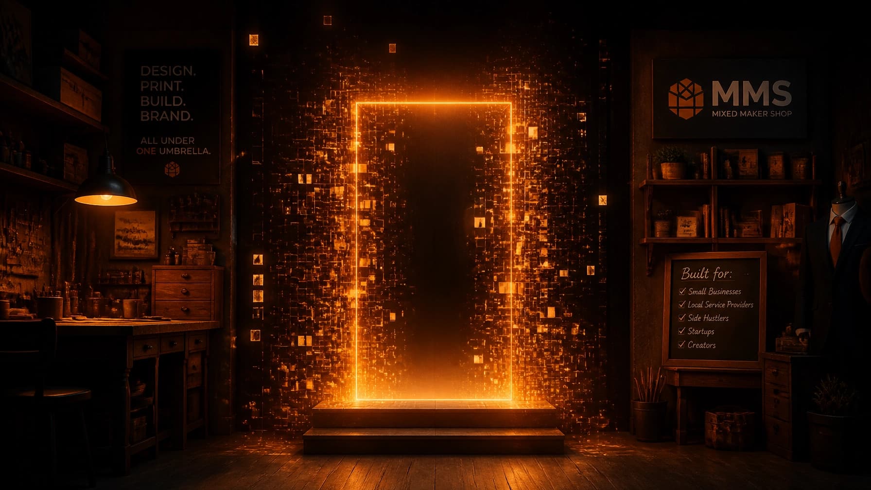 A cinematic digital gateway pulsing with warm orange light in a moody charcoal-colored workshop