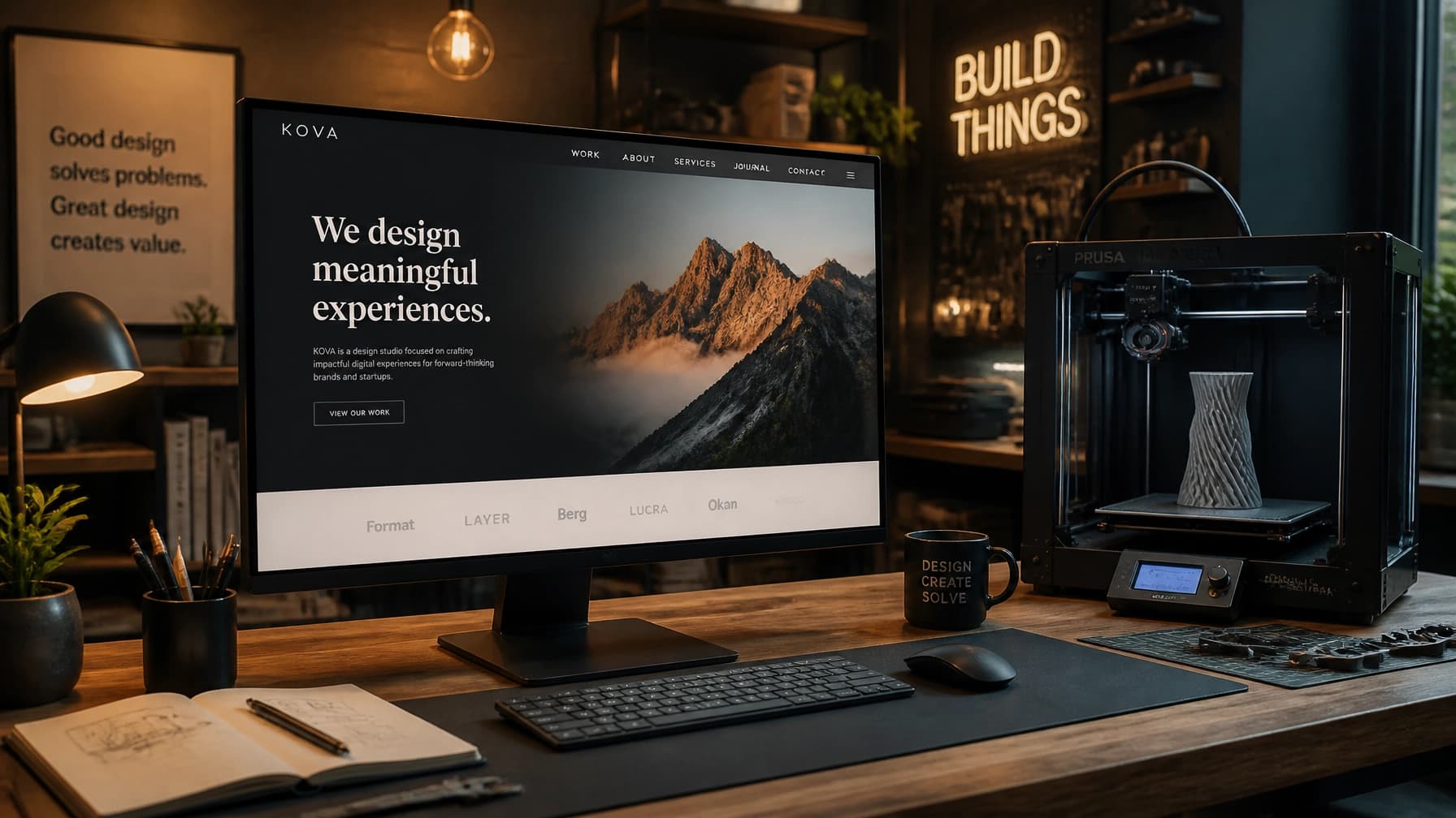 A clean, modern website design shown on a monitor in a creative studio