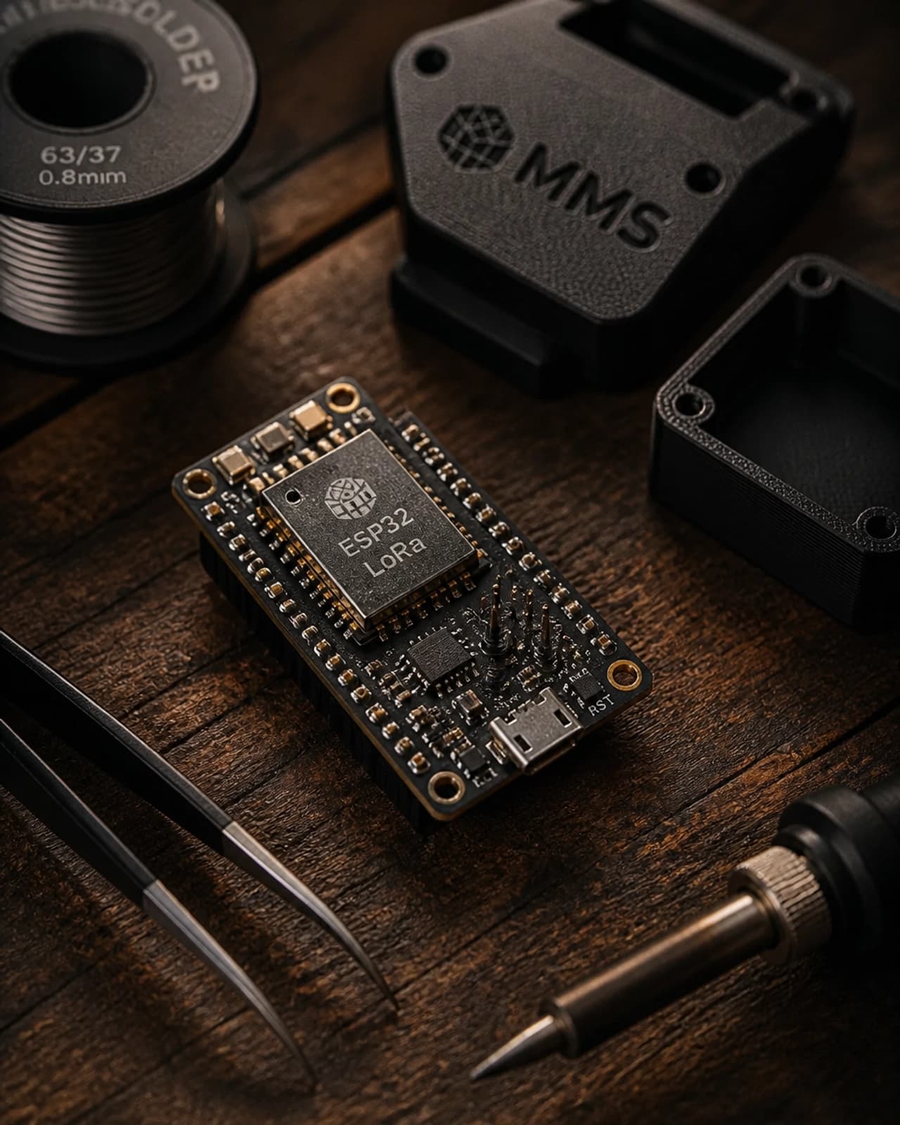Internal electronics of the LoRa weather station on a rustic workbench