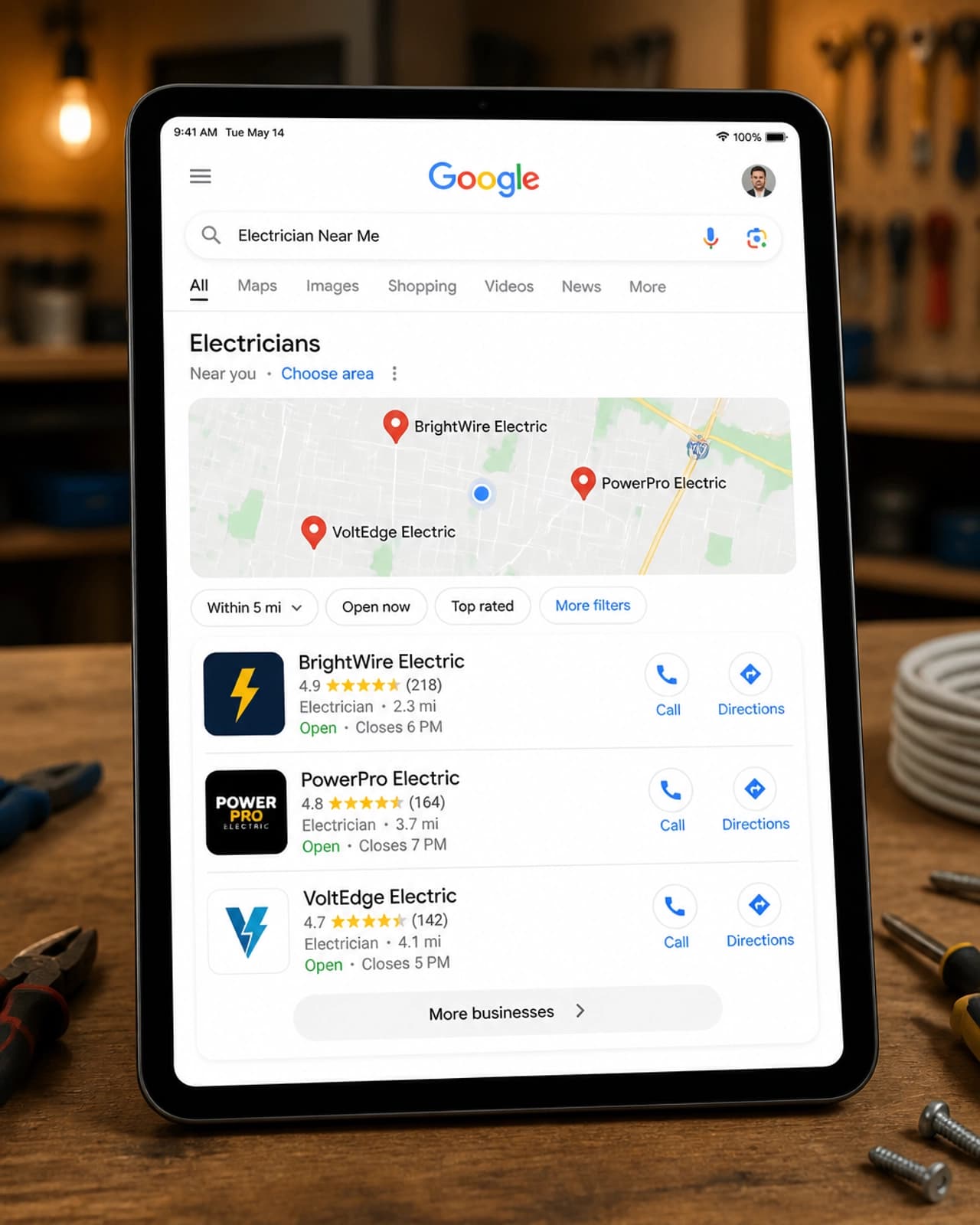 A tablet showing a Google Maps local pack for an electrician search