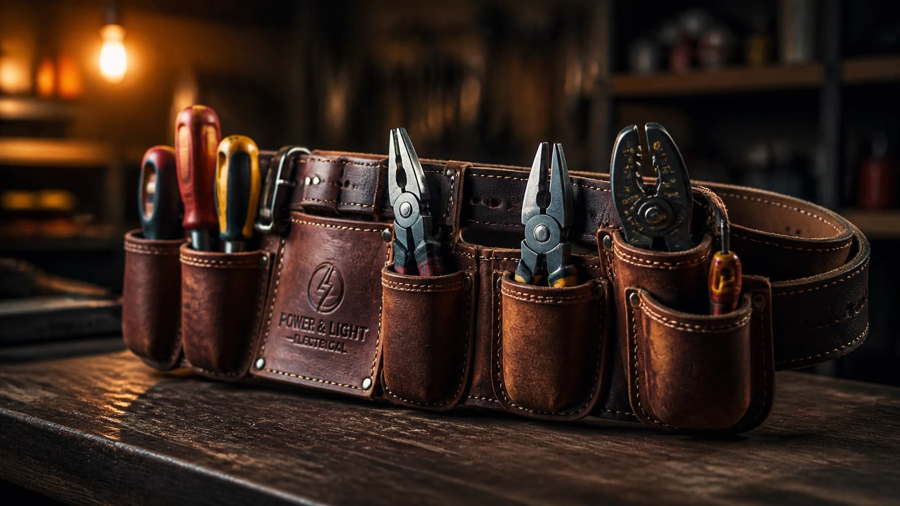 Professional electrician tool belt on a rustic workbench with cinematic lighting