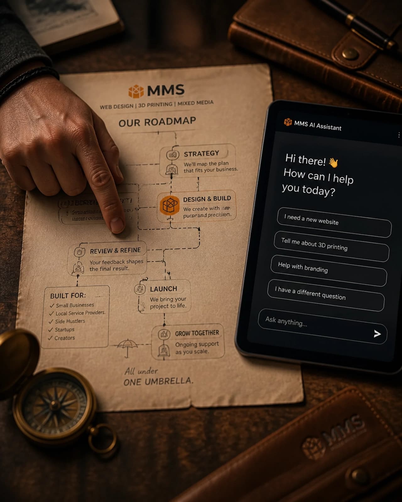 A hand pointing to a strategic roadmap on a wooden table