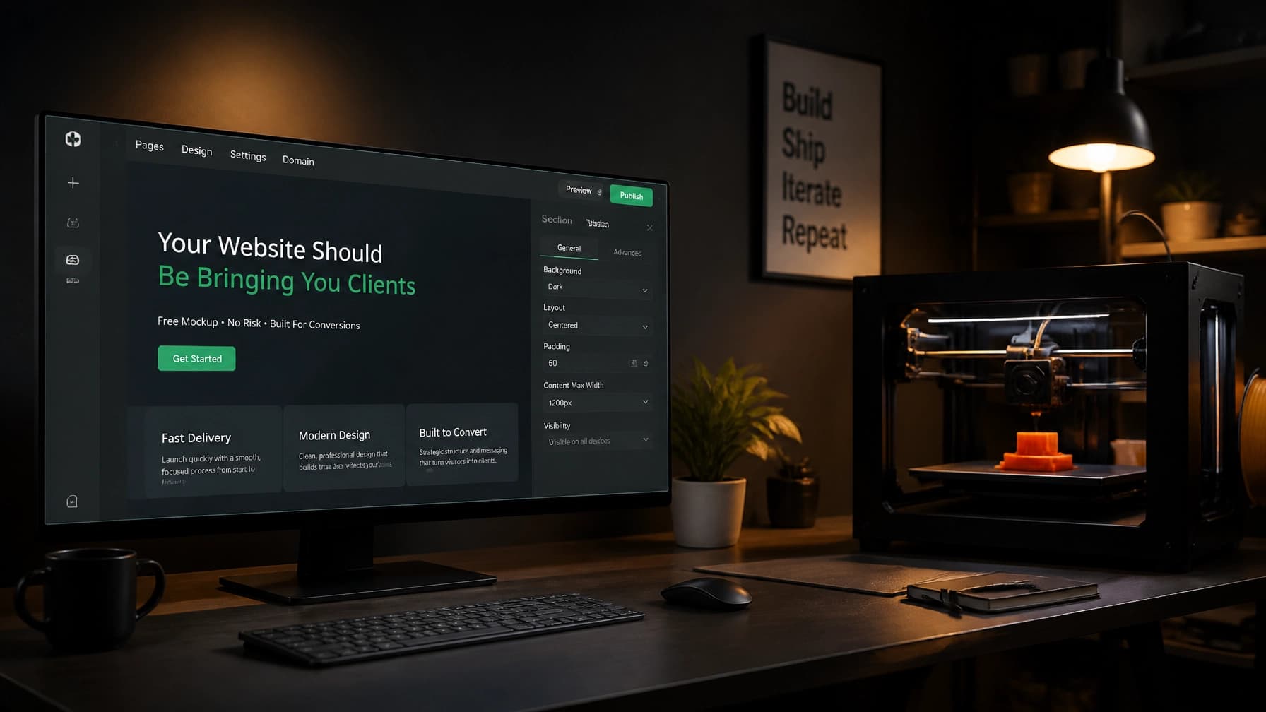 A modern workspace featuring a 3D printer and a digital website builder interface