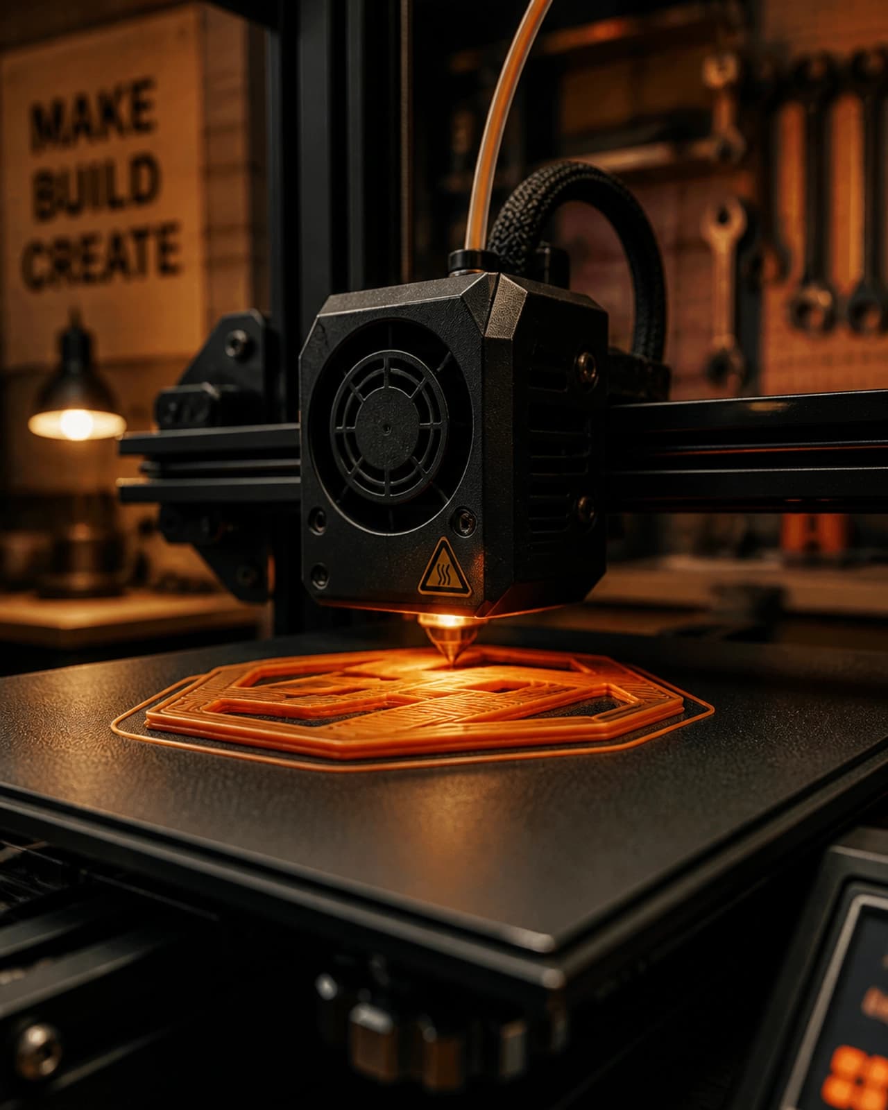 A cinematic close-up of a 3D printer creating a custom part in a workshop