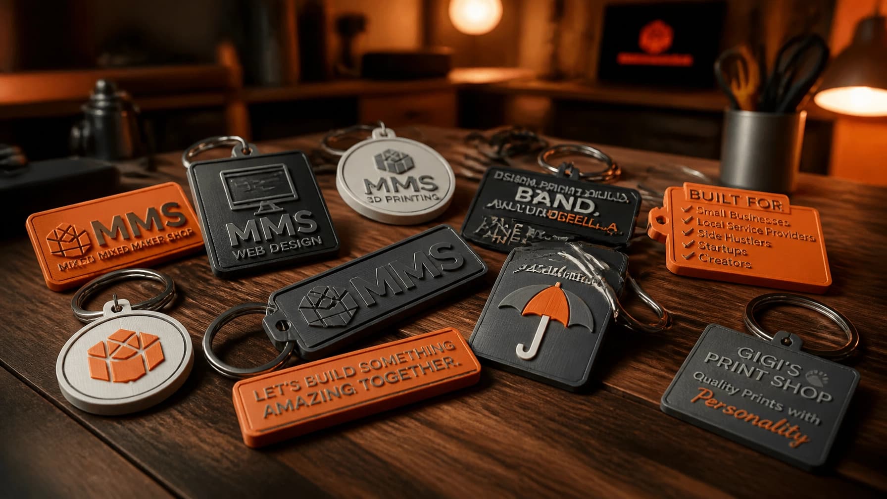 A collection of custom 3D printed keychains on a wooden workshop table with warm lighting