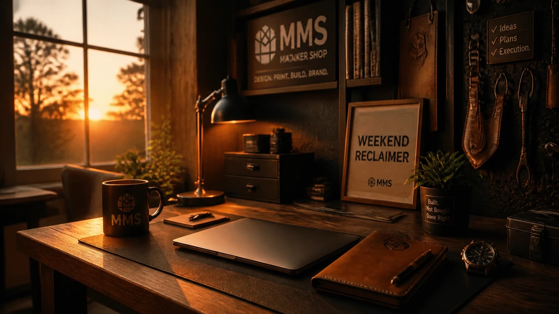 A serene, quiet workshop corner at sunset